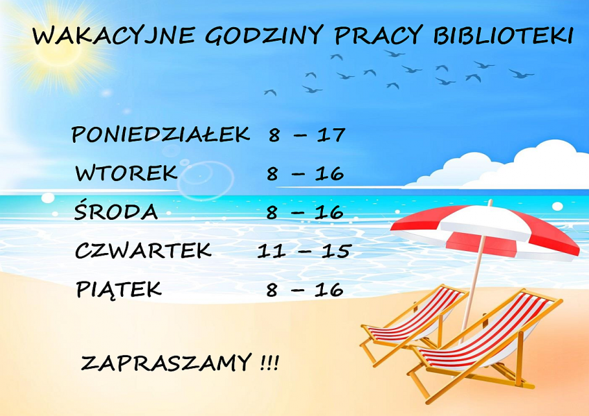 W okresie wakacyjnym (tj. w dniach od 3.07.2023 r. do 1.09.2023 r.) Biblioteka w Staszowie czynna: