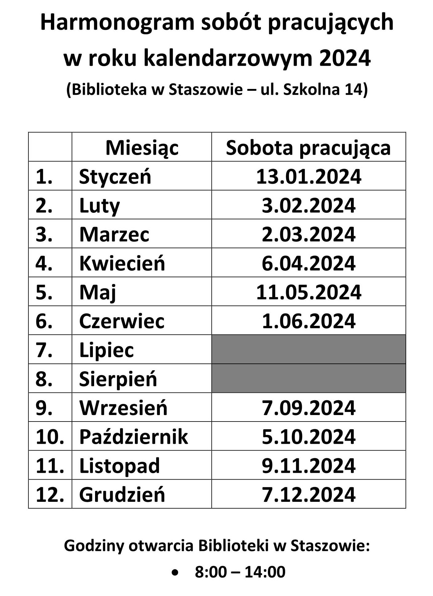 Harmonogram sobót pracujących (2024)