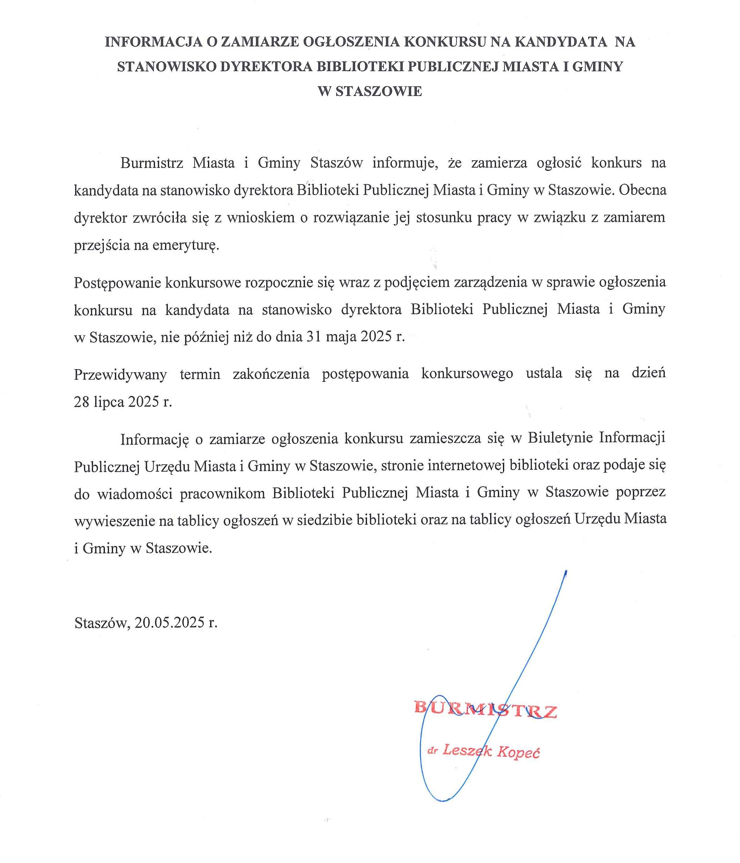 Informacja o&nbsp;zamiarze ogłoszenia konkursu na&nbsp;kandydata na&nbsp;stanowisko dyrektora Biblioteki Publicznej Miasta i&nbsp;Gminy w&nbsp;Staszowie