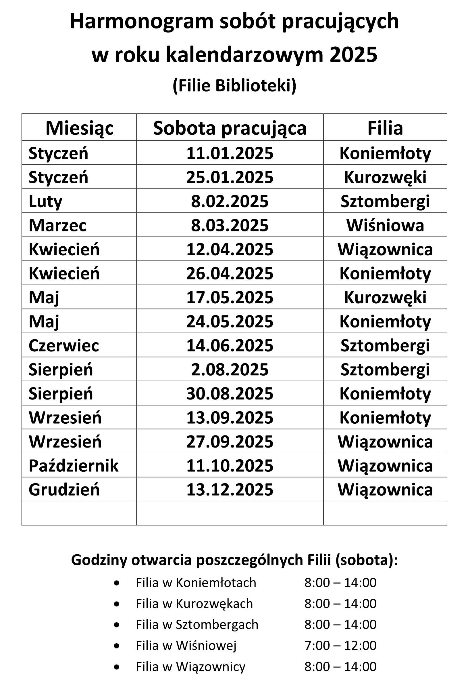  Harmonogram sob&oacute;t pracujących (2025)