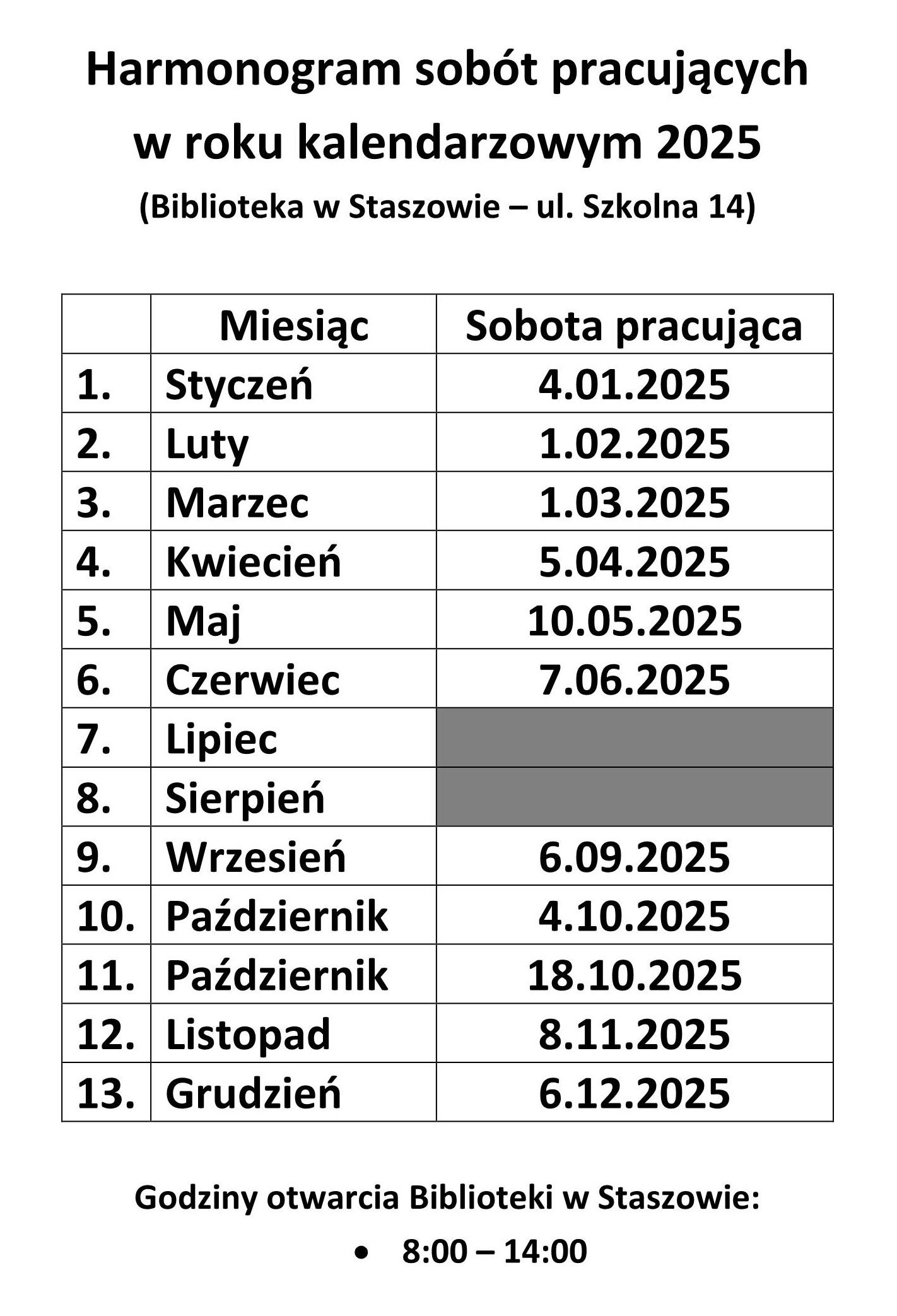  Harmonogram sob&oacute;t pracujących (2025)