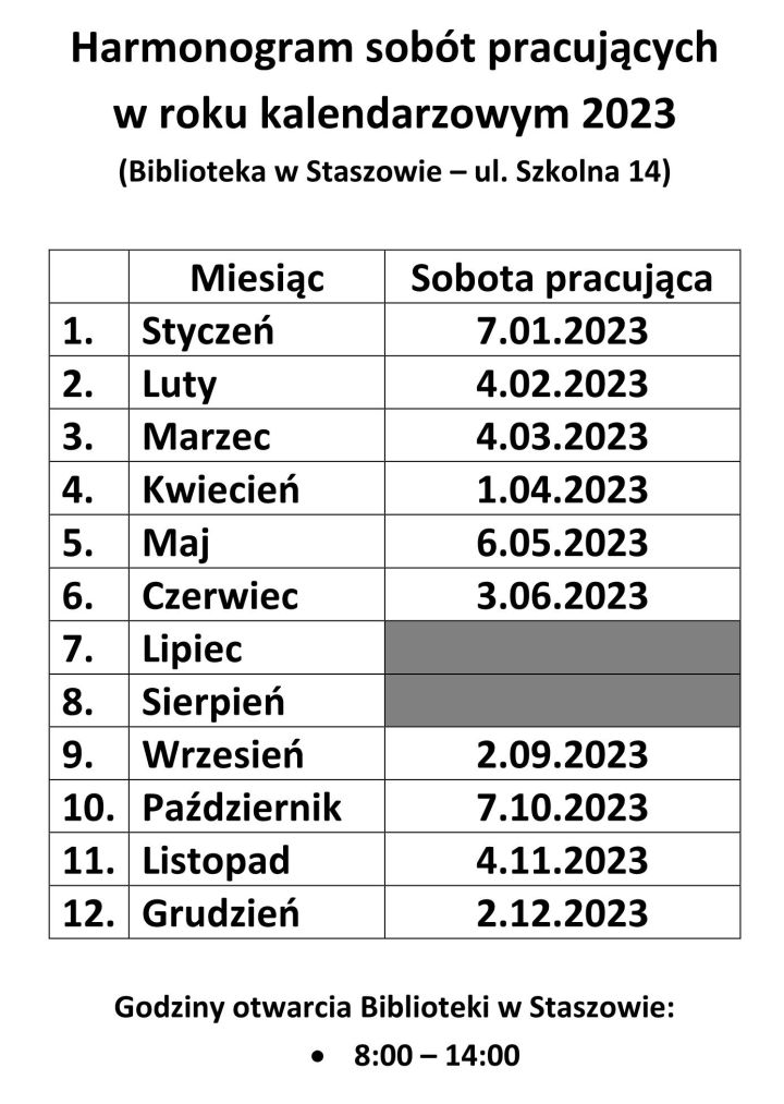 Harmonogram sobót pracujących strona 1