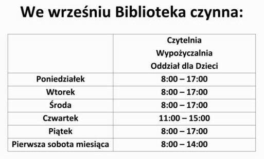 Zdjęcie do Zmiana godzin pracy Biblioteki w Staszowie! (wrzesień 2024)