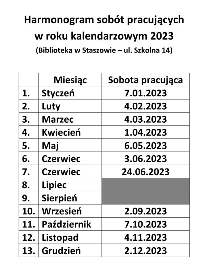 Harmonogram sobót pracujących (2023) - Staszów